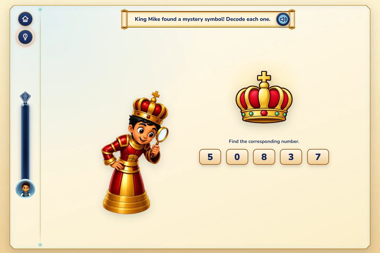 Portal Gate activity screen from Chess 4 Math: King Mike inspects a mystery crown symbol and the child picks its matching number from the standard digits 5, 0, 8, 3, and 7.